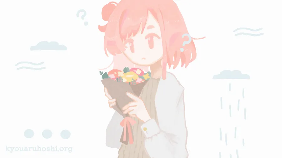 イラスト「花束？」。花束を受け取るハルカノヒ。