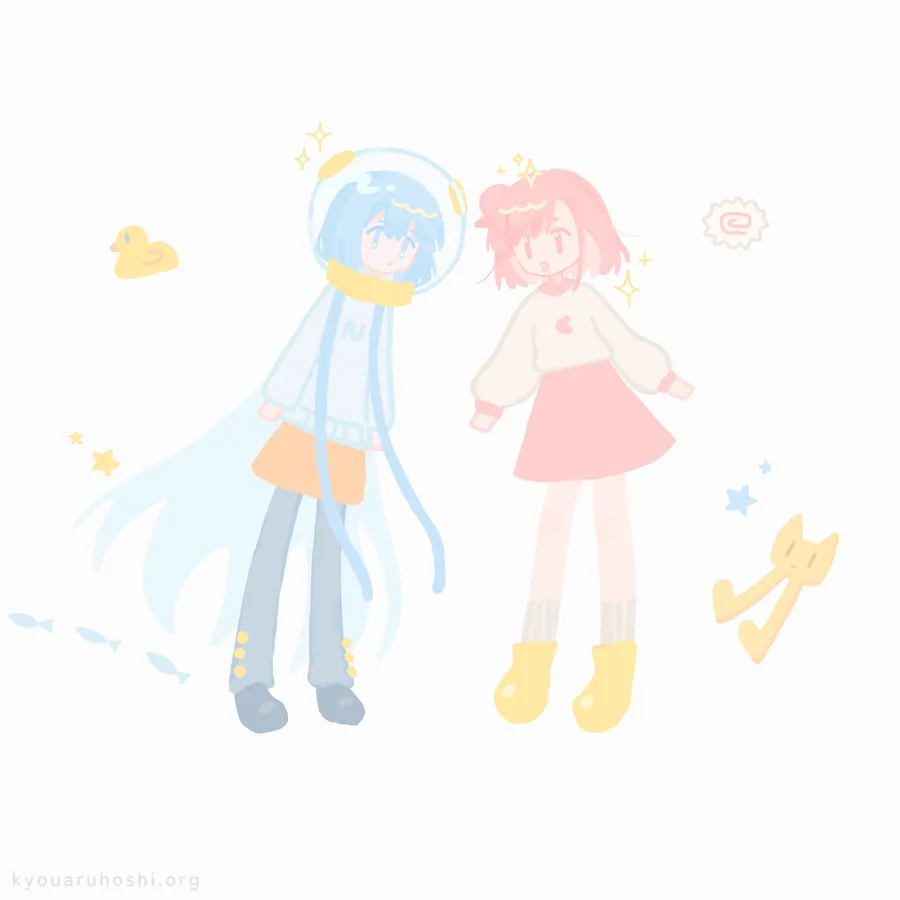 イラスト「ふわふわ」。ふわふわの空間を漂うポイントとハルカノヒ。