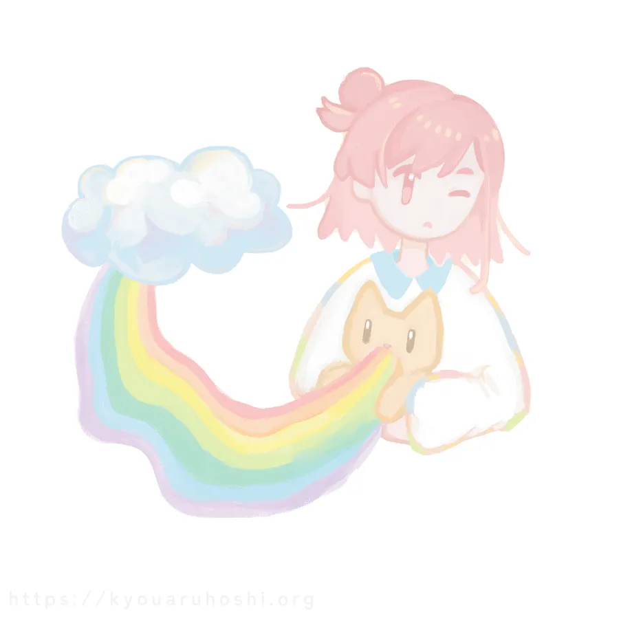 イラスト「にゃレインボー」。虹を吐き出す猫を抱えるハルカノヒ。