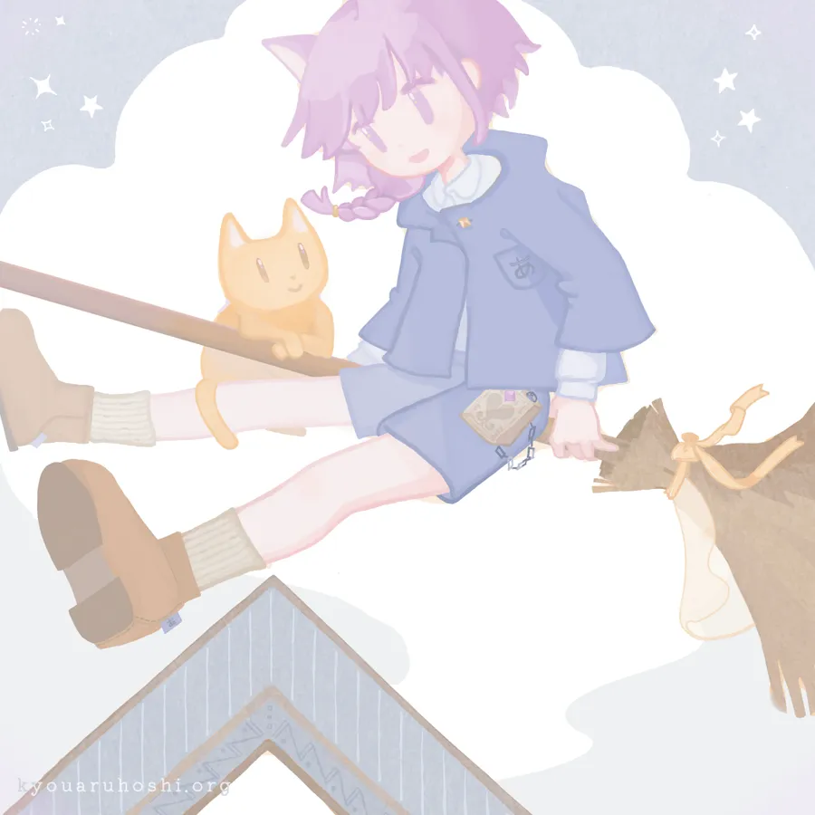 イラスト「魔法風味の猫散歩」。猫と一緒にほうきに乗る凛音。