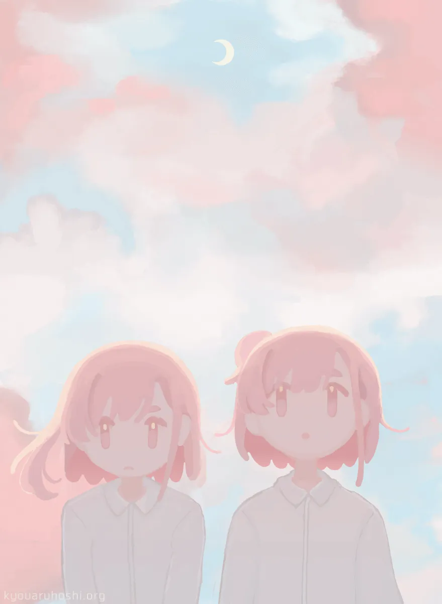 イラスト「春」。二人のハルカノヒと、ピンクと水色の空に浮かぶ三日月。