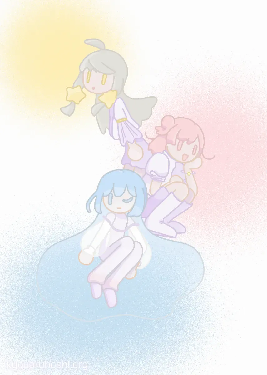 イラスト「再猫's RGB」。黄色、ピンク、水色が